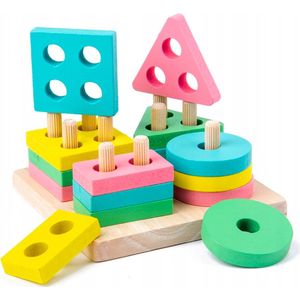 Geometrische Vormen Sorteren - Pastel - 4 Vormen - Vierkant - Vormenstoof - Houten Stapelspeelgoed - Sorteer Speelgoed - Montessori Speelgoed - Motoriek - Sensorisch Speelgoed - Sorteren - Educatief Speelgoed - Houten Puzzel - Ontwikkelingsspeelgoed