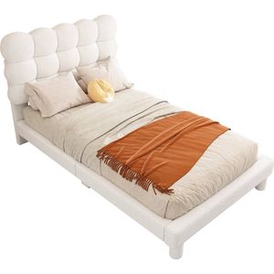 Merax Velvet Bed 90x200 cm met Verstelbaar Hoofdbord - Pluche Gestoffeerd Eenpersoonsbed - Wit