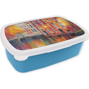 Broodtrommel Blauw - Lunchbox Grachtenpanden - Kunst - Schilderij - Amsterdam - Brooddoos 18x12x6 cm - Brood lunch box - Broodtrommels voor kinderen en volwassenen