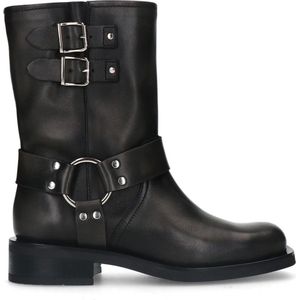 Manfield - Dames - Zwarte leren biker boots met zilverkleurige gespjes - Maat 40