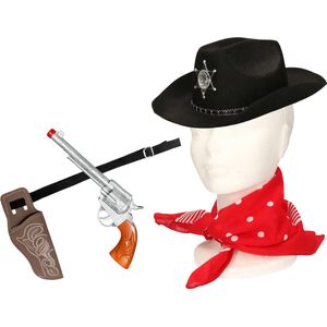 Carnaval verkleeds set cowboyhoed Kentucky - zwart - rode hals zakdoek - holster met revolver