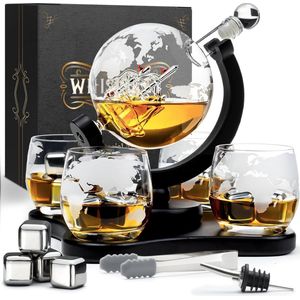Whiskykaraf - Wereldbol - Karaf - Whiskyset - 900 ml - Gifts for men - Including 4 whisky stones, pourers, and 4 whisky glasses