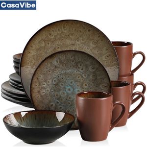CasaVibe Serviesset – 16 delig – 4 persoons – Porselein - Luxe – Bruin – Bordenset – Dinner platen – Dessertborden - Koffie Mokken