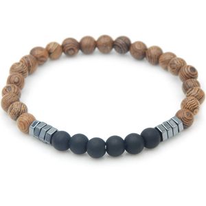 Kralen armband met bruine houten kralen, hematiet en zwarte natuursteen kralen 18 cm