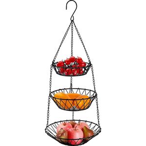 Hangende fruitmand met 3 niveaus van robuust draad 68 cm fruitmand voor het ophangen van fruit Hangmand met langere individueel verstelbaar om op te hangen en op te bergen voor fruitgroenten zwart