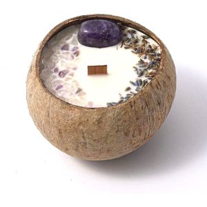 Kaars - Handgemaakte Kokos Kaars - Paarse kleur - Met kristallen en gedroogde bladeren - Houten lont - 100% Natuurlijke Sojawas - Geurkaars - Cadeau - Sham's Art