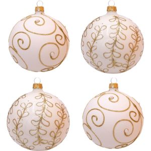 Chique, Witte, Kerstballen met Gouden Strikjes en Gouden Krullen decoratie - Doosje van vier kerstballen van glas 8 cm