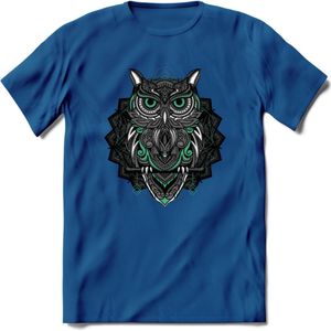 Uil - Dieren Mandala T-Shirt | Aqua | Grappig Verjaardag Zentangle Dierenkop Cadeau Shirt | Dames - Heren - Unisex | Wildlife Tshirt Kleding Kado | - Donker Blauw - S