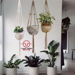 Macrame plantenhanger 105 cm lang, hangende plantenbak voor binnen en buiten met haak, tuin, terras, bloempothanger, muurkunst, katoenen touw (1 stuk jute)