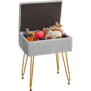 Make-upkruk stoel met opbergruimte, vierkante fluwelen kruk, moderne multifunctionele make-upkruk voor slaapkamer, woonkamer, kantoor, gouden poten, 40 x 29,5 x 48 cm, grijsblauw