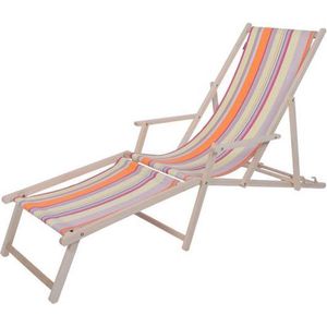 Kleurmeester.nl - Strandstoel met voetsteun June Sunset - Opklapbaar - Beukenhout - Outdoor stof | Roze / Oranje / Beige Gestreept