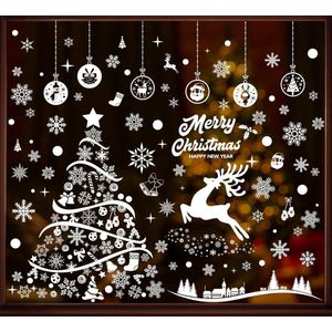 Kerstraamstickers, 8 vellen, kerstboom, rendier, verwijderbare kerstdecoraties, dubbelzijdige muurstickers, voor thuis en winkel