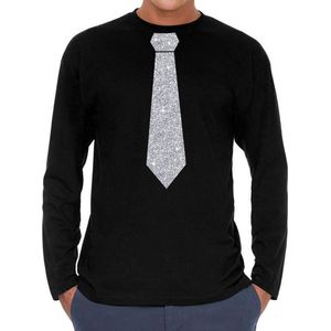 Zwart long sleeve t-shirt met stropdas in glitter zilver heren - zwart feest shirt met lange mouwen voor heren XXL