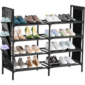 Schoenenrek met 4 niveaus, stabiele schoenenkast met 6 zijvakken, schoenenopslag, metalen frame, planken van vliesstof, voor hal, slaapkamer en ingang, 76,9 x 28,9 x 89,9 cm