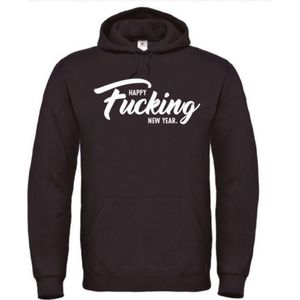 Kerst hoodie zwart S - Happy fucking new year - wit - soBAD. | Kleding | Hoodie unisex | Hoodie mannen | Hoodie dames | Kerst | Oud&nieuw | Nieuwjaar | glitter