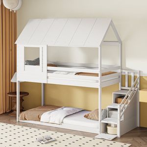 Sweiko Kinderbed, Houten Tweepersoonsbed 90 X 200 cm, Dakconstructie, Veiligheidstrap met meerdere compartimenten, Vlak noedelsframe, eenpersoonsbed, wieg, Wit (Zonder matras)