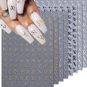 8 vellen oude Engelse letters nagelstickers - 3D zelfklevend - nageldecoraties in goud, zilver, zwart, wit - retro patronen .