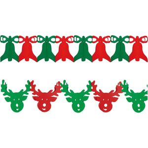 Kerstversiering slingers - set 2x stuks - kerstklokken en rendieren - 300 cm p/stuk - papier - rood/