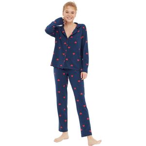 Trendyol Marineblauwe 100% Katoenen Gebreide Pyjamaset Met Hartjesmotief Thmaw21Pt0548