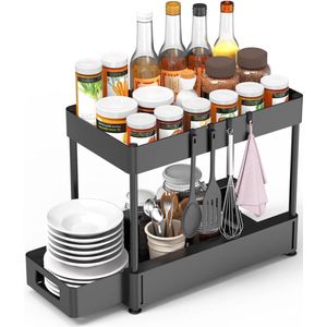 Kastorganizer - Keukenorganizer - Kastorganizer Keuken - Multifunctioneel Keukenrek - Onderkastrek met Schuiflade en Haken - 2 Niveaus - Zwart