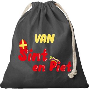 1x Van Sint en Piet cadeauzakje zwart met sluitkoord - katoenen / jute zak - Sinterklaas kadozak voor pakjesavond