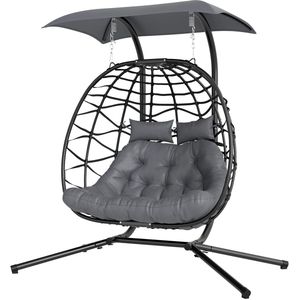 Egg Hangstoel - Hangstoel met standaard - Egg Chair - Stalen Frame - Zonnekap - Opvouwbare Rieten Stoel - Tuinstoel - Draagvermogen tot 260 kg - Incl. Kussen - Donkergrijs