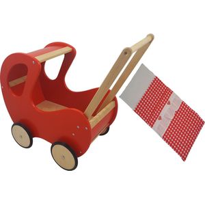 Playwood - Houten Poppenwagen rood klassiek met kap - inclusief dekje rode ruitjes