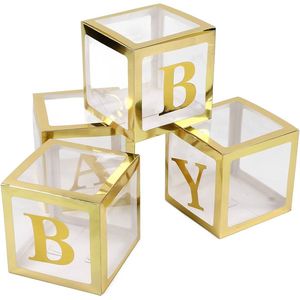 Vier doorzichtige letter ballon boxen Baby goud - ballonbox - goud - baby - babyshower - geboorte - decoratie