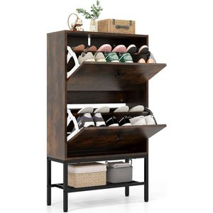 COSTWAY Schoenenkast met 2 kleppen, schoenenkast met 4 legplanken & open rek, smal schoenenrek met verstelbare scheidingswand, 60 x 24 x 106 cm (rustiek bruin)