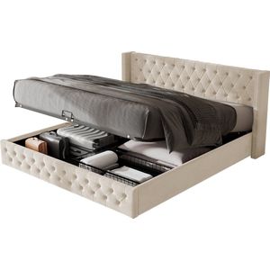 Merax Gestoffeerd Tweepersoonsbed 140x190 cm met Hydraulische Opbergruimte - Fluwelen Chesterfield Ontwerp - Rivetdetails - Beige