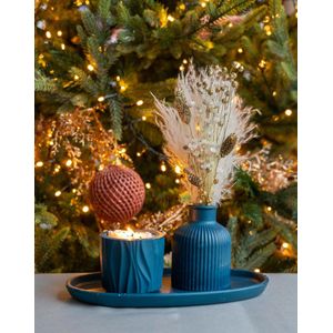 Geschenkset ovalen schotel met kaars en vaasje met droogbloemen - Handgemaakt van Duurzaam Jesmonite met Sojawaskaars, Glittereffect en Decoratieve Bloempjes – Decoratie voor Huis, Cadeau, Kerst, Oudjaar, Nieuwjaar - Strogeel