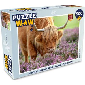 Puzzel Schotse Hooglander - Paars - Bloemen - Legpuzzel - Puzzel 500 stukjes
