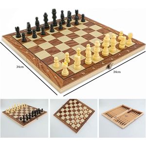 Schaakbord set 3in1 - Houtbord - Opklapbaar - Schaakspel - damspel - backgammon - magnetisch schaakstukken - Chess 34CM