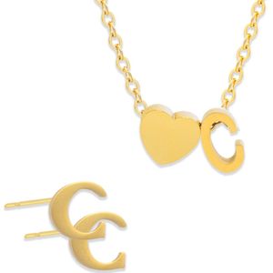 Initiaal Ketting & Oorbellen set met Letter C Goudkleurig - Stainless Steel - Met letter & Hartje! - 2x Sieraden Cadeau - Pax Amare
