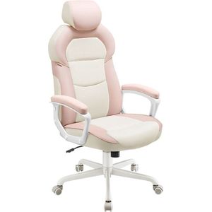 Signature Home Pinky Bureaustoel - Bureaustoel gewatteerde armleuningen pastelroze - PU-bureaustoel met verstelbare hoofdsteun en wipfunctie