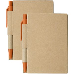 Notitie/opschrijf boekje met balpen - harde kartonnen kaft - beige/oranje - 2x8cm - 80blz gelinieerd - blocnotes