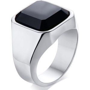 Zegelring Heren Zilver kleurig met Zwarte Steen - 17-23mm - Ringen Mannen - Heren Ring Heren - Cadeau voor Man
