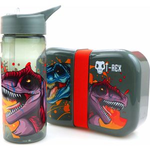 Dino T-Rex broodtrommel + drinkfles Dinosaurus | stoere lunchbox met drinkbeker kinderen | BPA vrij LS30