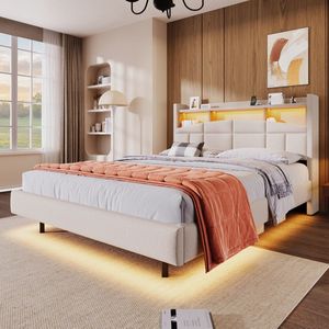 Sweiko Tweepersoonsbed - 140*200 cm - LED-lichtlijst met afstandsbediening - Opklapbare plank - USB+C type - Zonder matras - Beige