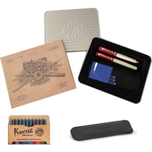 Kaweco - Cadeauset - Vulpen Breed Student 30'S Blues - Balpen Student - Zacht rood Ivory - Gratis Lederen Etui - Gratis Cadeaubox - Vullingen Blauw - 10 kleuren vullingen