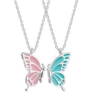 Bixorp Friends BFF Ketting voor 2 met Vlinders - Roze & Blauw aan Goudkleurig Koord - Cadeau voor Haar / Dames / Vriendin / Mama / Vrouwen- Best Friends  voor Twee