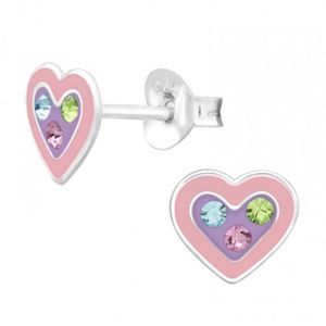 Oorbellen meisje | Oorbellen kind | Zilveren oorstekers, hart met pastelkleuren en kristallen
