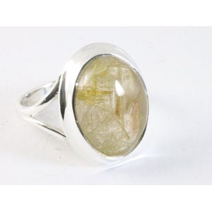 Hoogglans zilveren ring met gouden rutielkwarts - maat 18.5