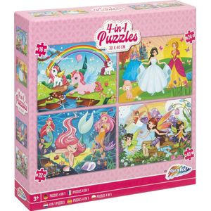 Grafix 4-in-1 Puzzels voor Meisjes - Unicorn, Prinses, Zeemeermin & Fe�ëen - Puzzelstukjes van 16, 24, 32 en 40 pcs - Inclusief Stevige Opbergdoos - 30x40cm per Puzzel - Educatief Speelgoed voor Kinderen vanaf 5 jaar