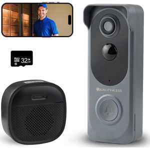 Quality4Less™ - Slimme Draadloze Video Deurbel met camera - Incl. draadloze gong en 32GB SD-Kaart - 1080P Full HD - Wifi deurbel - Geen abonnement nodig - Grijs