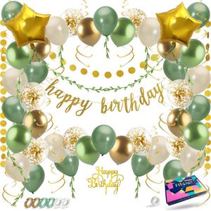 Fissaly Happy Birthday Verjaardag Feestpakket Groen, Goud & Beige met Papieren Confetti Ballonnen – Decoratie Versiering