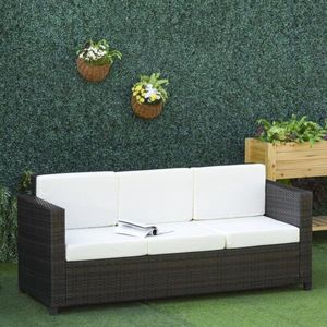 Poly-rattan bank met kussen 3-zits tuin lounge schuim metaal polyester bruin+wit 185 x 70 x 80 cm