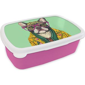 Broodtrommel Roze - Lunchbox - Brooddoos - Hond - Hippie - Dieren - Bril - 18x12x6 cm - Kinderen - Meisje