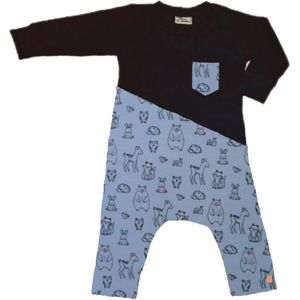 Onesie zwart met diertjes blauw met roesje