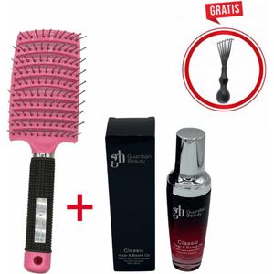 Guardian Beauty Haarborstel - Roze Gebogen Styler Haarverzorging | Hoofdhuidmassage | Haargroei | Inclusief Classic Hair Serum (80 ml) & Gratis Haarborstelreiniger